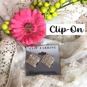 Crystal Rhinestone Bling Sparkle Special Occasion Square Clip-On Earrings